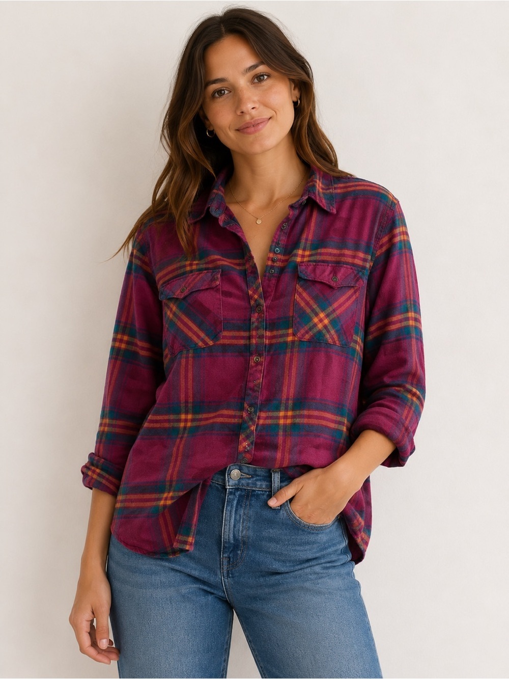 Natural Reflections Womens Plaid Flannel Shirt Button Down Long Sleeve XL